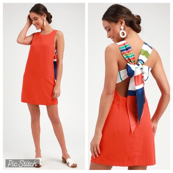 Lulus Dresses & Skirts - NWT Lulu’s Joyful Red Orange Multi Stripe Tie-Back Mini Dress